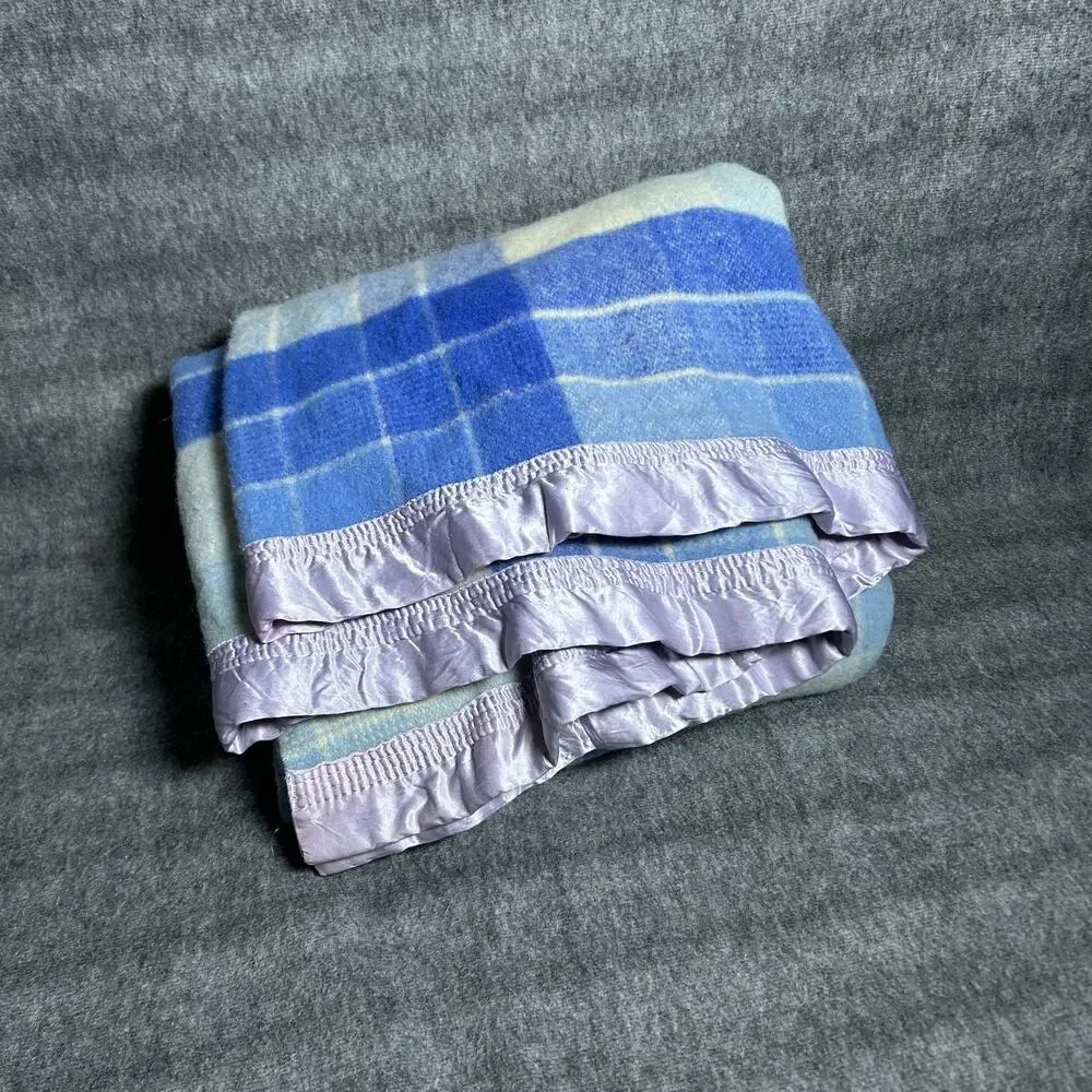 Vintage blue plaid 100% wool blanket satin purple trim, cottage core, classic